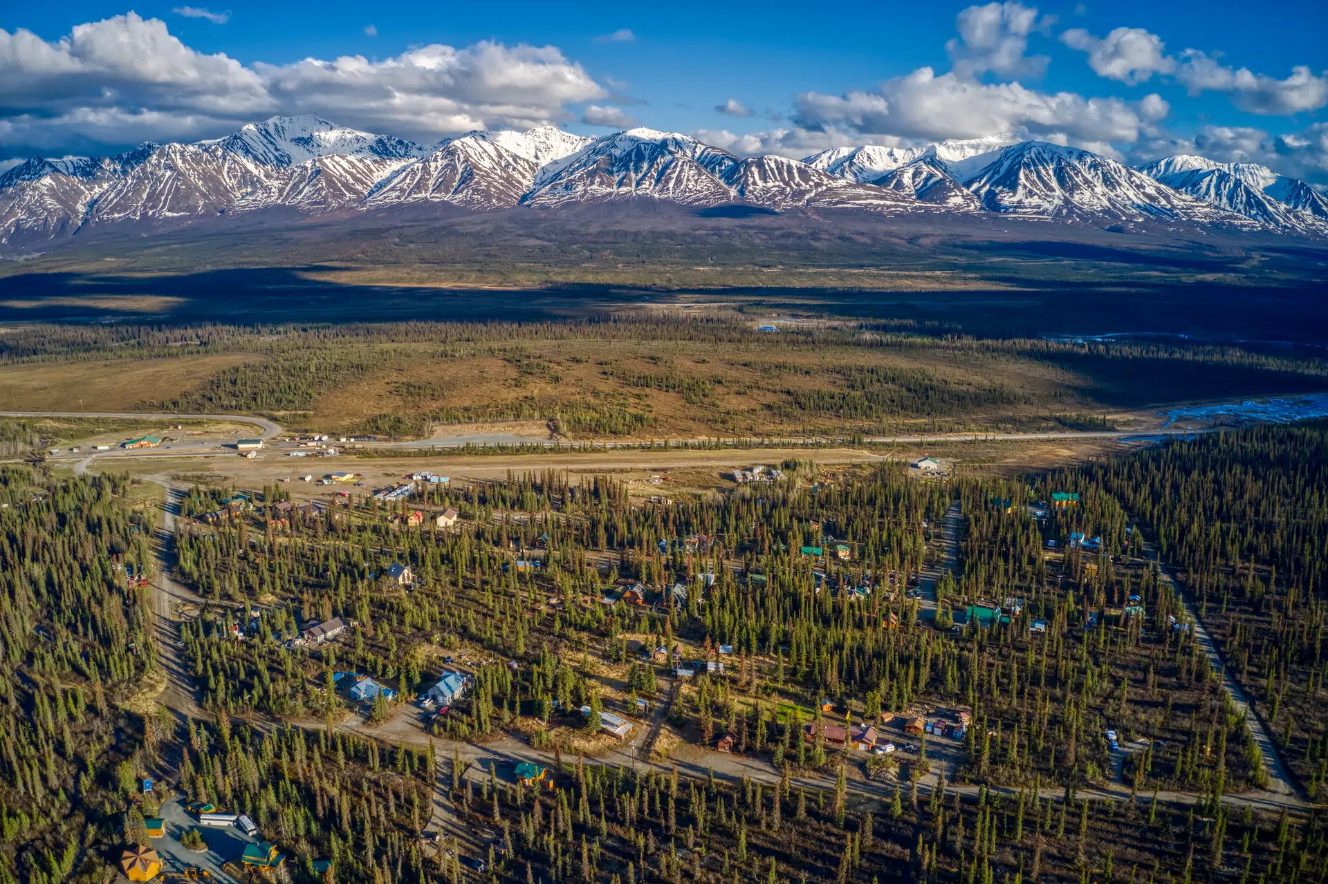 Aerial view of Cantwell, Alaska during summer showing the beautiful Alaskan landscape